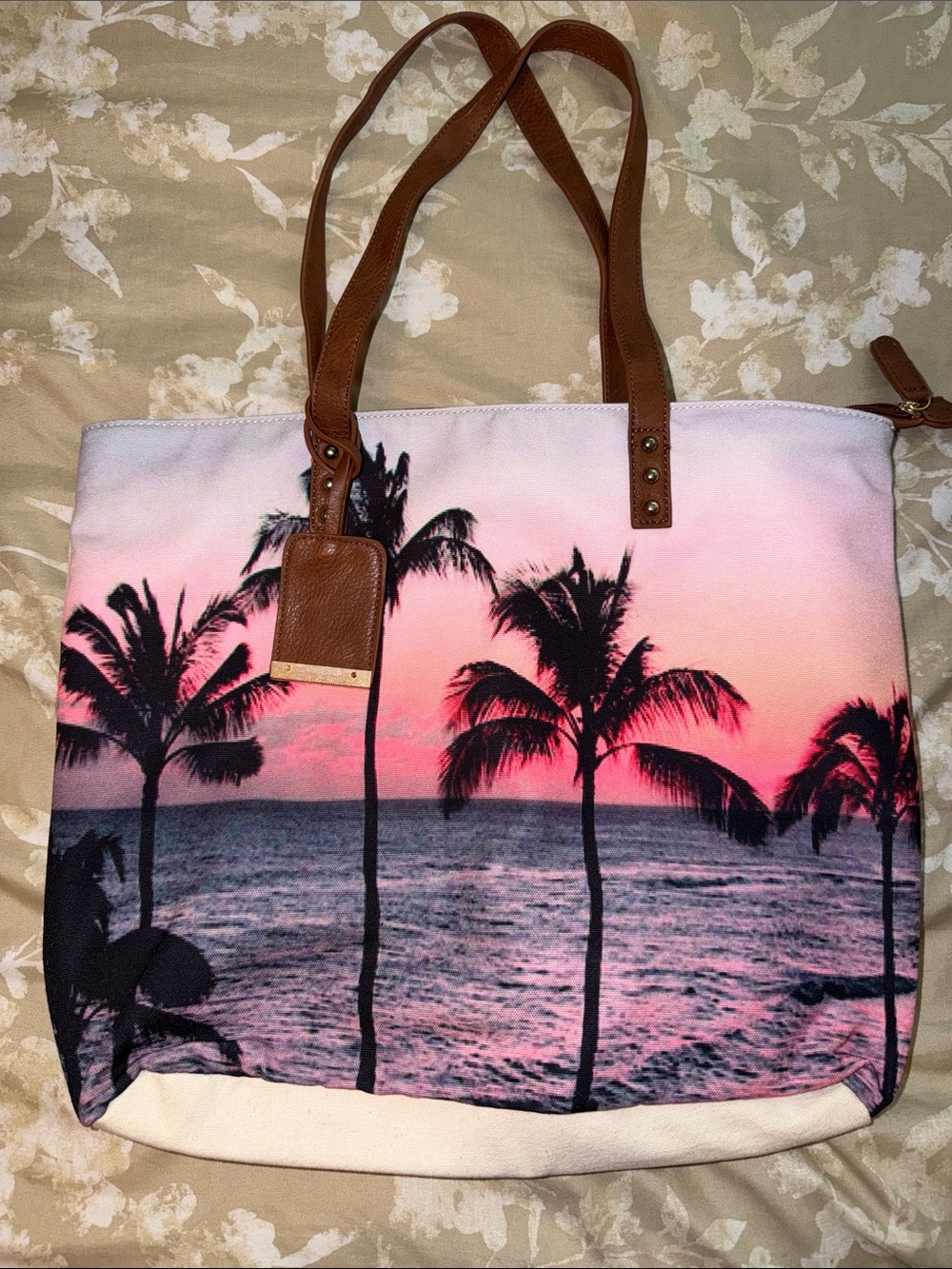 Mix No. 6 Pink Sunset Palm-Print Tote with Brown Straps